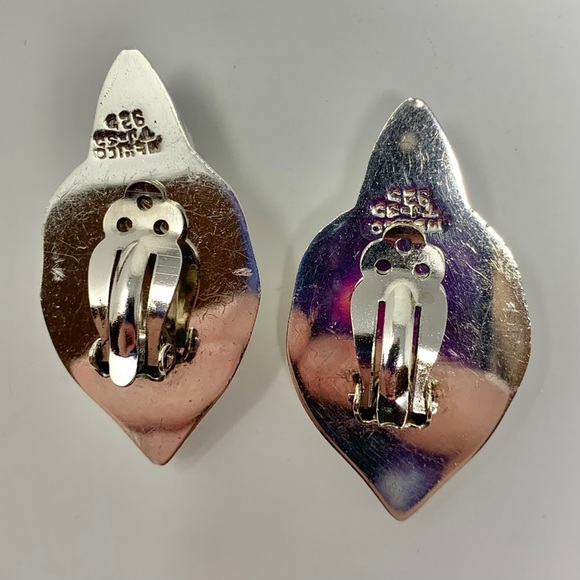 Vintage Sterling Silver Taxco Mexico Black Onyx Scalloped Clip On Earrings - Picture 3 of 7